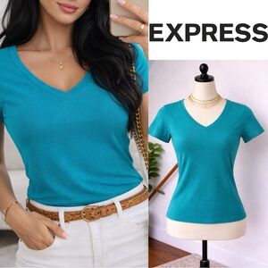 Express | EUC USA 100% Cotton Teal V-Neck Short Sleeve Tee (size XS)
